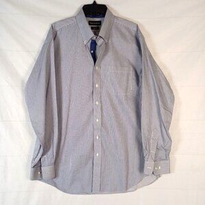Paul Fredrick Non Iron Cotton Stripe Dress Shirt 17.5 36 Blue White Contrast